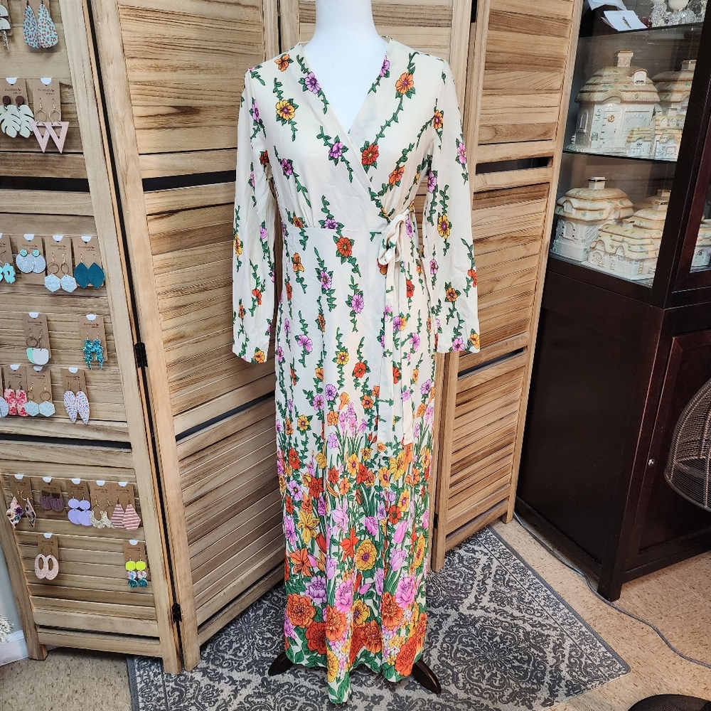 Vintage Butterfield Floral Maxi Dress Wrap Style Boho Cottagecore Large